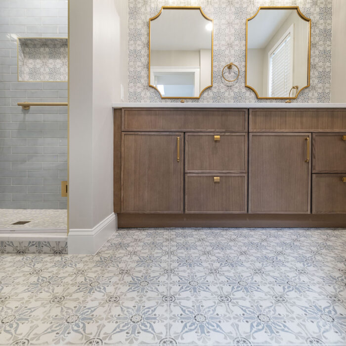Modern bathroom with patterned tile and double vanity