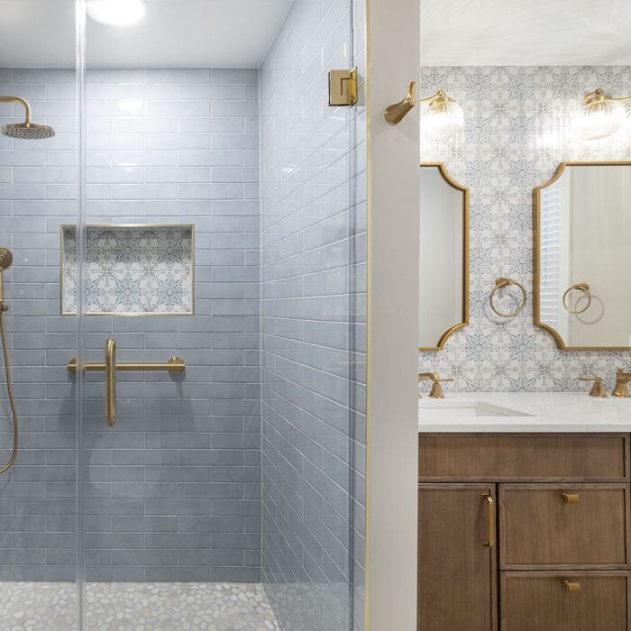 Modern bathroom with glass shower and double vanity
