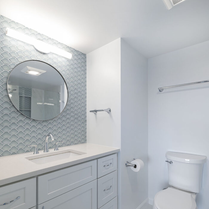Modern white bathroom with vanity and toilet