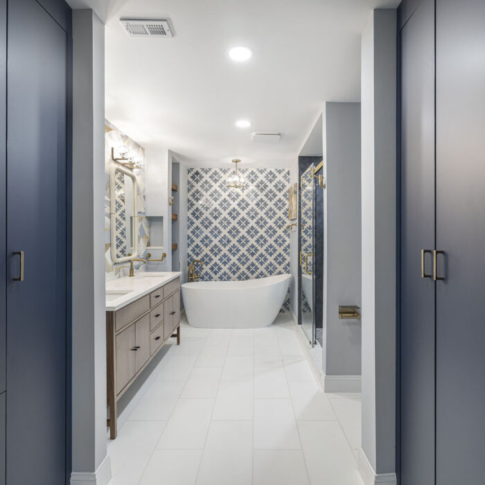 Modern bathroom with freestanding tub and patterned tile