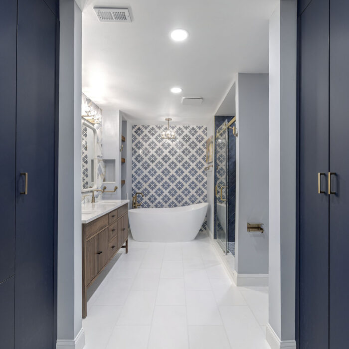 Modern bathroom with freestanding tub, patterned tile