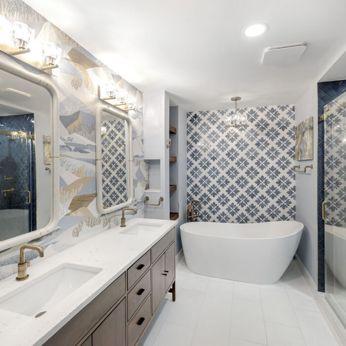 Luxurious bathroom with freestanding tub and double vanity