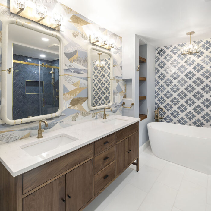 Stylish bathroom with double vanity and freestanding tub