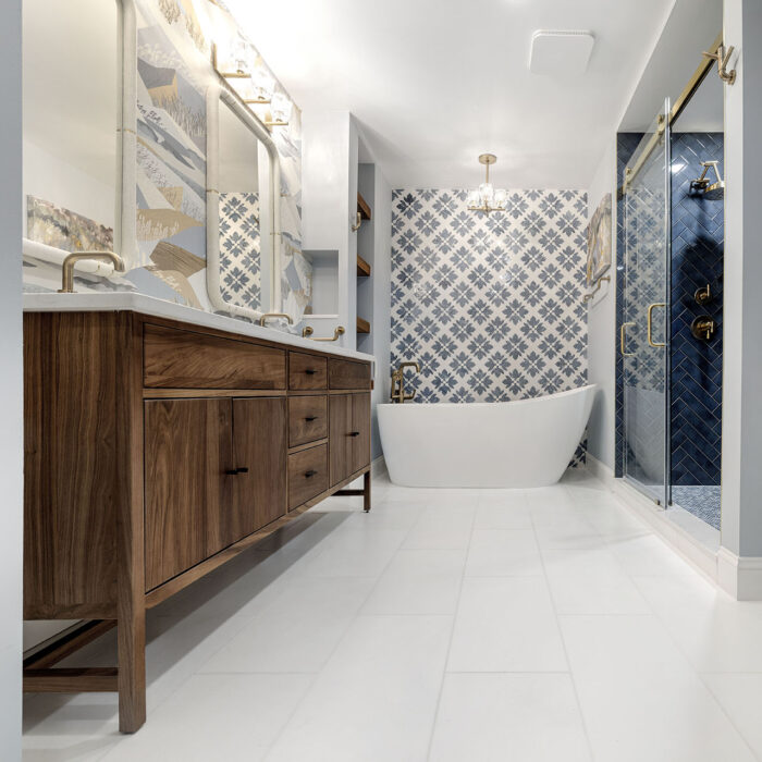 Modern bathroom with freestanding tub and glass shower