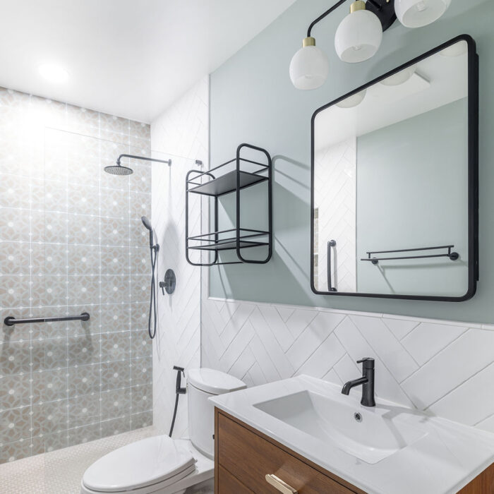 Modern bathroom with shower and wood vanity