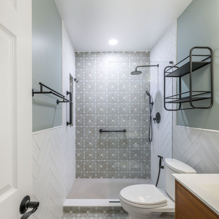 Modern bathroom with walk-in tiled shower