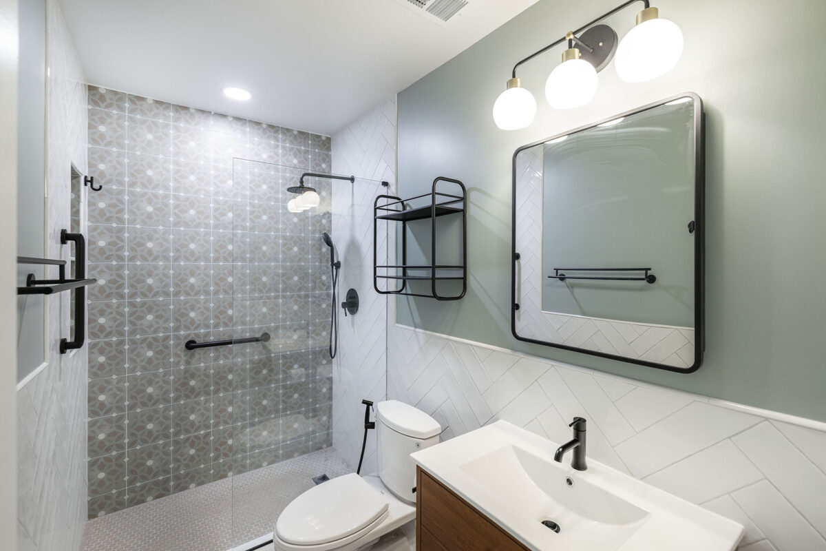 Modern bathroom with walk-in shower and vanity