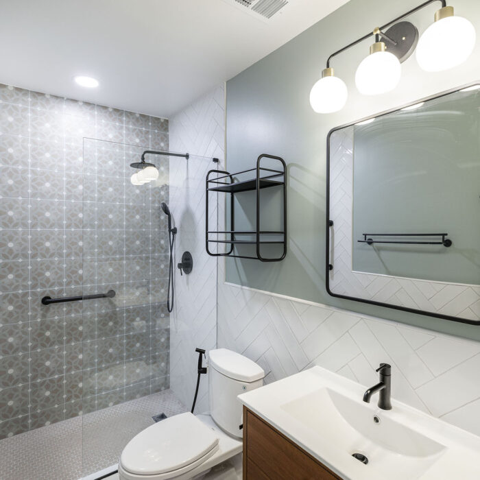 Modern bathroom with walk-in shower and vanity