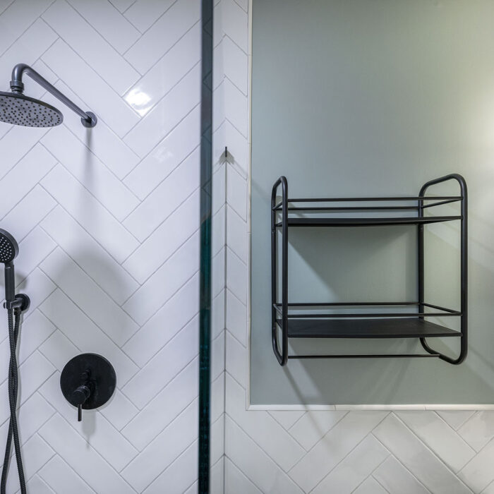 Modern bathroom shower with black fixtures