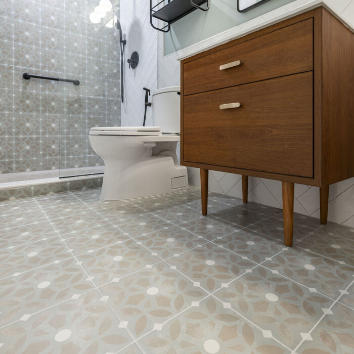 Modern bathroom with patterned tile floor