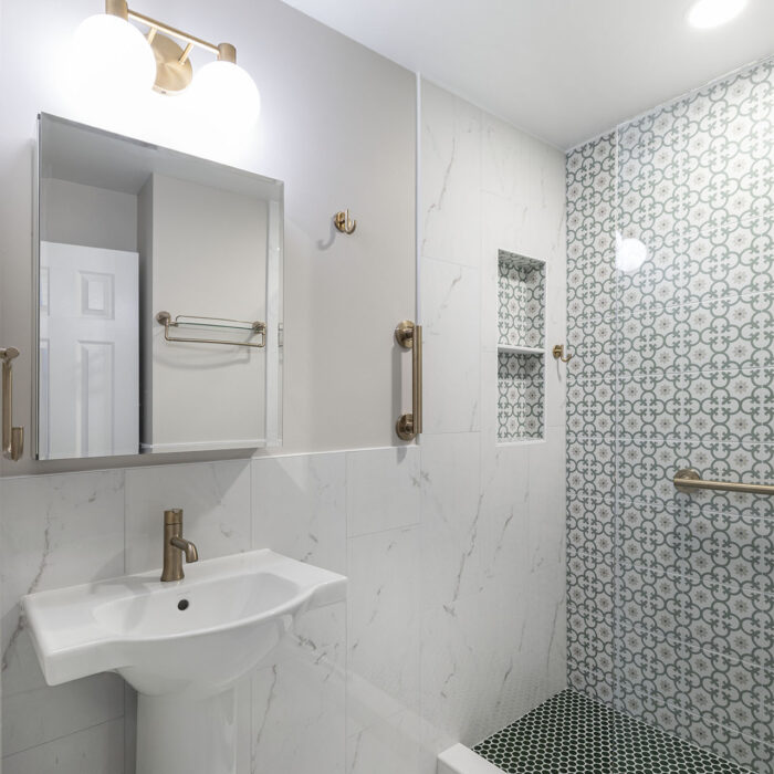 Modern white bathroom with patterned tile shower