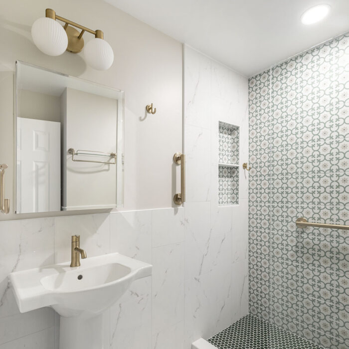 Modern bathroom with patterned tile walk-in shower