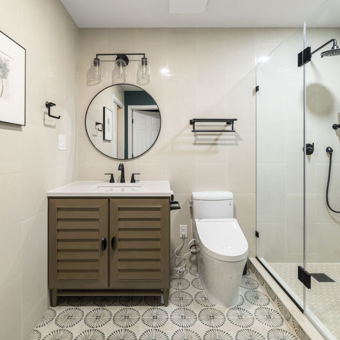 Modern bathroom with patterned tile floor