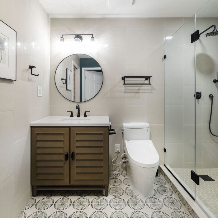Modern bathroom with patterned tile floor