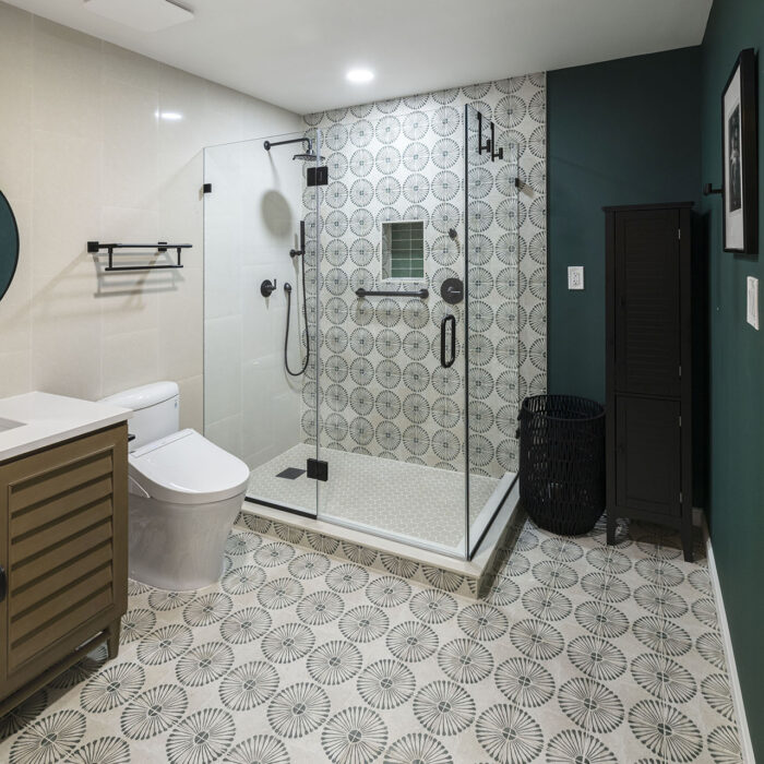 Modern bathroom with patterned tile floor
