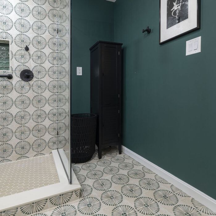 Modern teal bathroom with patterned tile floor